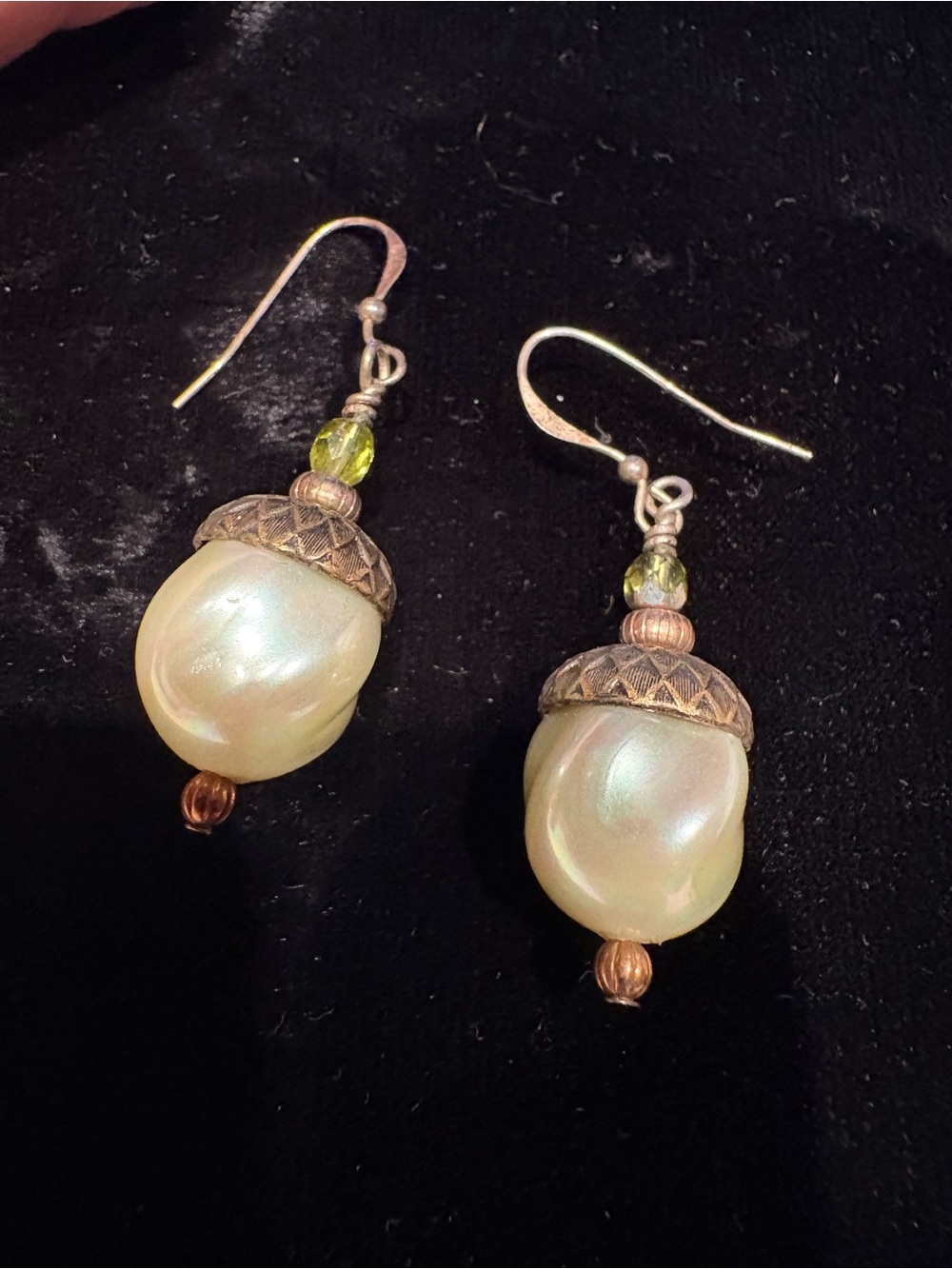 Iridescent Baroque Pearl Acorn Drop Earrings with Green Bead Accents